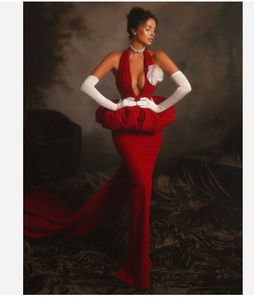 Sexy Deep V Neck Halfter Meerjungfrau Abendkleider Long Train Peplum Red Long <span class=keywords><strong>Prom</strong></span> Kleid mit 3D Flower Vestidos - Product Image 1