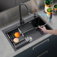 Évier de cuisine en acier inoxydable nano noir fait main, grand bac unique, anti-rayures, à poser sur le comptoir, vente en gros