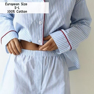 Pigiama da donna 100% cotone a maniche lunghe, completo estivo con <span class=keywords><strong>camicia</strong></span> a maniche lunghe e pantaloncini a righe. - Product Image 1