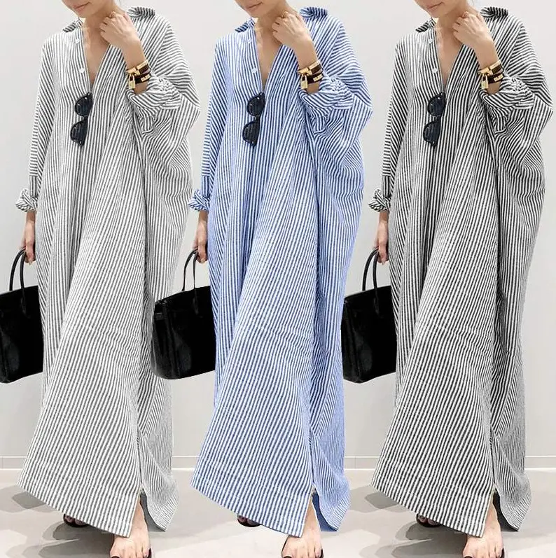 Hot Sale Cotton Linen Dress Loose Striped Summer Shirt dress Plus Size Maxi Women Dresses