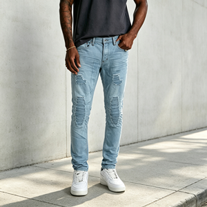 Pantalon en jean stretch délavé bleu gris clair déchiré et vieilli pour homme, coupe slim, style streetwear décontracté, jean skinny - Product Image 1