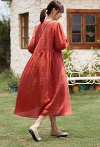 Women's Linen V-Neck Short Sleeve Regular Fit Casual Breathable Eco-Friendly Washable A-Line <b>Maxi</b> <b>Dress</b> - Product Image 2