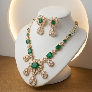 925 Silver Traditional Green Stone Kundan <b>Necklace</b> Set With Earrings Bridal Wedding Jewelry Pearl Mala Set For Women - Product Image 3