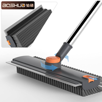 Brosse de nettoyage de sol robuste pliable à long manche, poils rigides, fonction raclette, design pince, essorage pliable, gris