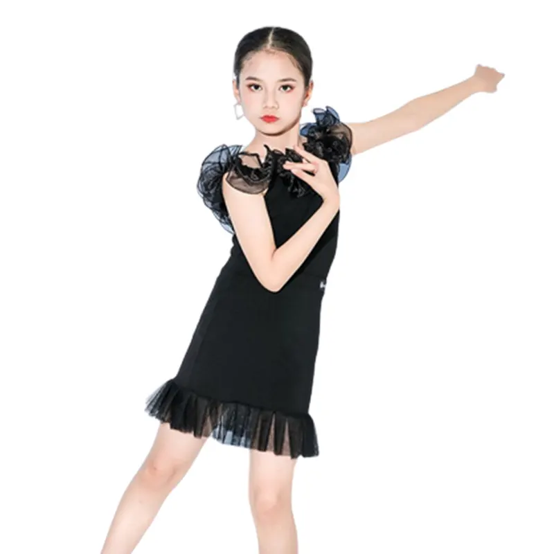 環境にやさしい柔らかく快適な子供たちラテンダンススカートブラックラテンダンスコスチュームパフォーマンスラテンドレスの練習