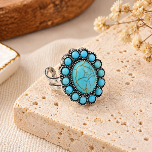 Bague Statement Ovale Bohème Bleu Turquoise à Motifs Floraux, Couleur Argent Vieilli, Bande Ouverte, Bijou Western <span class=keywords><strong>Vintage</strong></span> pour Femme, Cadeau de Fête - Product Image 3