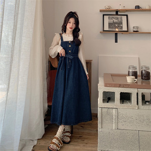 Gonna in denim con bretelle stile coreano da college, da <span class=keywords><strong>donna</strong></span>, per l'inizio dell'autunno, nuovo modello di tendenza di quest'anno, vestito testurizzato - Product Image 4