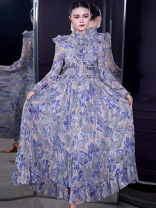 Abito Lungo in Chiffon a Sette Colori Stile <span class=keywords><strong>Palazzo</strong></span> per il Ramadan 2026 con Collo Alto, Maniche Lunghe Arricciate e Ampia Gonna - Product Image 1