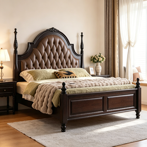 Base de Cama Tapizada Tradicional Tamaño Queen con Cabecera de Cuero Sintético y Postes de Madera - Product Image 3
