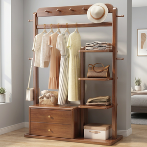 Porte-manteau moderne en bois massif avec crochets et étagères, meuble de rangement polyvalent autoportant pour chambre et salon - Product Image 3