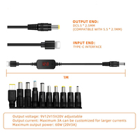 Câble de charge rapide DC personnalisé PD 65W, tension réglable 5-20V, USB C mâle vers prise DC 5525, cordon de suralimentation avec affichage LED