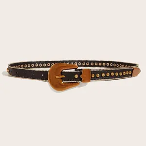 Designer Studded Faux Leather Waist Belt Meninas Western Cowboy 3 Peças Belt Buckle PU Leather Frisado Correntes Cinto para As Mulheres