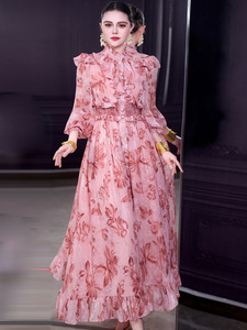 Abito Lungo in Chiffon a Sette Colori Stile <span class=keywords><strong>Palazzo</strong></span> per il Ramadan 2026 con Collo Alto, Maniche Lunghe Arricciate e Ampia Gonna - Product Image 4