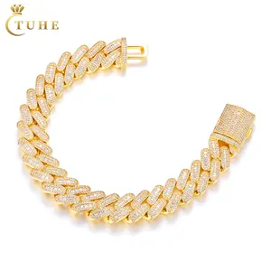 Bijoux Hip Hop faits à la main 14mm 18K plaqué or laiton AAAAA Baguette CZ diamant glacé Cuban Link Bracelet de cheville