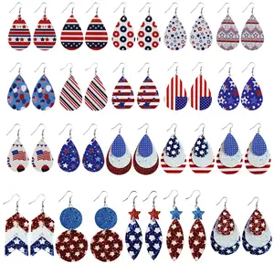 New Independence Day Flag Leather Earrings Pentagram Double-sided Printed 4th Of July Flags Earrings For Women