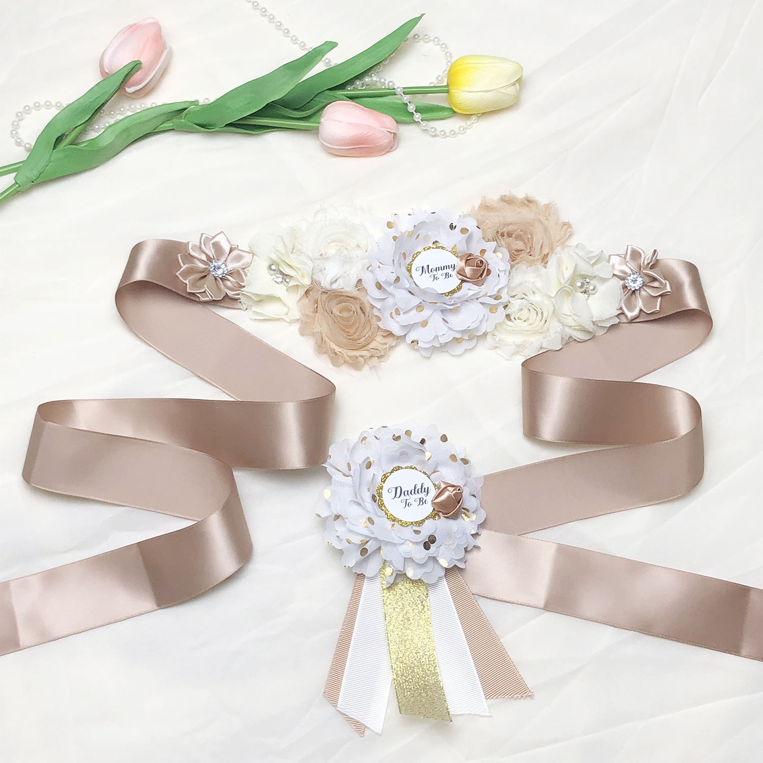 Baby Shower Ribbon Corsage For Dad Mommy To Be Greenery Mom To Be