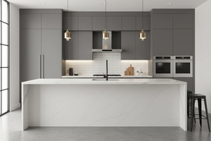 QUARTZ VIETNAMIEN CALACATTA MIST LINE, épaisseur 20 mm, GRANDE DÉCOUPE, APPLICATIONS MODERNEES POUR CUISINES, SALLES DE BAIN ET HÔPITAUX, avec CONCEPTION DE MODÈLE 3D - Product Image 4