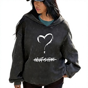 Sweat à capuche oversize de haute qualité avec imprimé cœur, 100% coton, délavé à l'acide, style streetwear, effet vieilli, délavé à la pierre - Product Image 1
