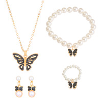 Ensemble de bijoux pour femmes vintage à la mode, 4 pièces, bracelet en perles, boucles d'oreilles, collier, pendentif papillon pour les fêtes, les mariages, les cadeaux