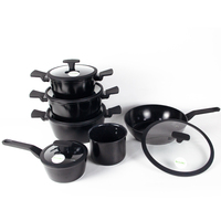 Batterie de cuisine 20 pièces en aluminium noir antiadhésif, durable, moderne et tendance, avec couvercles en verre, compatible induction, écologique – Meilleures ventes