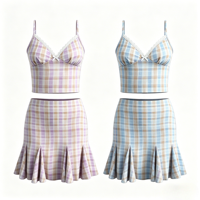 Ensemble jupe 2 pièces à carreaux pour femme, avec haut court en dentelle à col en V et mini-jupe évasée, tenue d'été assortie