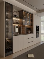 Buffet mural pleine hauteur personnalisé avec casier à vin intégré pour grande villa – Solution de rangement murale complète pour salle à manger