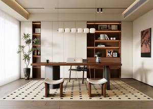 Modern Oak Bookcase with Adjustable Shelves and <b>Computer</b> <b>Desk</b> for Home Bar & Wine Cellar - Product Image 2