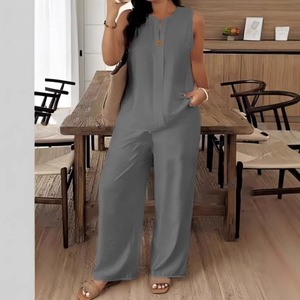 Ensemble décontracté en coton et lin pour femmes, haut sans manches, pantalon large, couleur unie, tailles SMLXL2XL3XL, style Europe et Amérique - Product Image 3