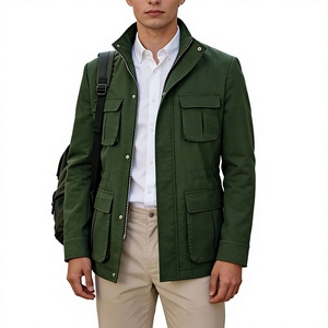 <b>Men's</b> Olive Green Fleece <b>Jacket</b> Stand Collar Zipper Closure Casual Regular Fit Autumn Waterproof Breathable Windproof <b>Canvas</b> - Product Image 4