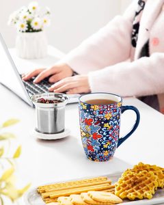 Tasse à thé en céramique bohème avec infuseur et couvercle, 18 onces, idéale pour le thé et le café - Product Image 4