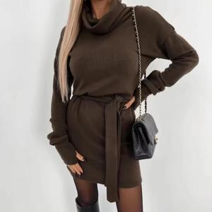 Nuovo Abito Invernale da Donna alla Moda con Collo a Drappeggio, Maniche Lunghe, Casual, Mini Vestito con Cintura - Product Image 1