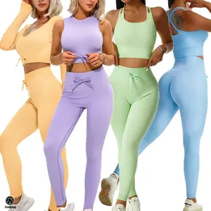 Logo personalizzato abbigliamento Fitness Leggings palestra Active Wear 5 pezzi Workout Women Spot Striped Ribbed Seamless Yoga Set