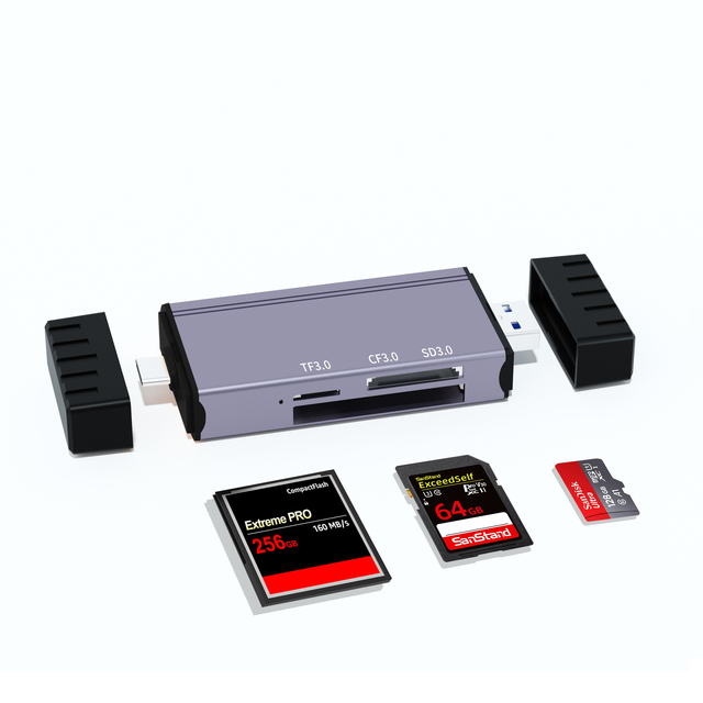 CF3.04Multi-Compatible Metal Storage Converter Three-in-One Card Reader for CF/SD3.0/TF3.0 Cards for Laptop & Desktop