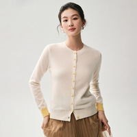 Nouvelle collection automne/hiver, cardigan à col rond en 30% cachemire et 70% laine, poignets bicolores, boutons colorés, coupe ajustée, pull tricoté