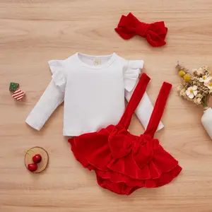 Conjunto de ropa de otoño y Navidad para niños pequeños, Top + Pantalones cortos + Diadema de algodón y terciopelo, 3 uds., 2023