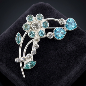 925 Art Palace Vintage <b>Silver</b> Flower Shape Women's Brooch with Blue Topaz & CZ Gemstones Precious Fine Jewelry - Product Image 3