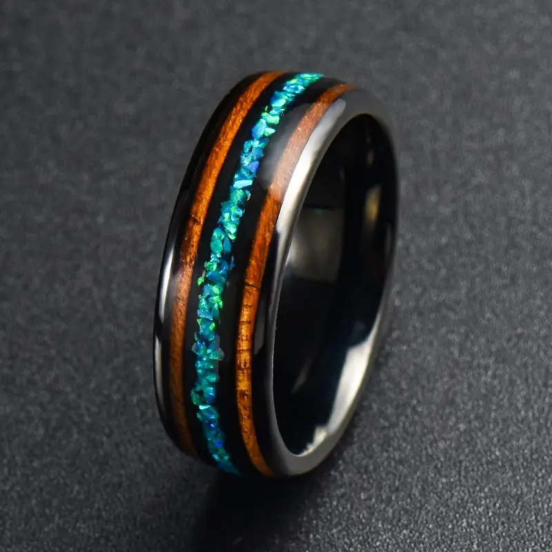 Poya-Anillo de carburo de tungsteno para hombre, Ópalo verde azul, cúpula con incrustaciones de madera, Hawái, Koa, 8mm