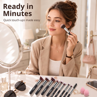 Ensemble de 10 pinceaux de maquillage avec étui, comprenant 10 pinceaux et 2 éponges, pinceaux plats et éventail pour le maquillage du visage et des yeux