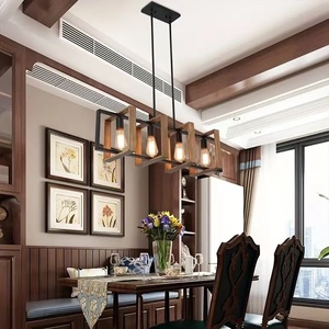 Lustre industriel américain rétro <span class=keywords><strong>noir</strong></span> carré en fer ovale suspendu en <span class=keywords><strong>bois</strong></span> pour salon restaurant salle à manger milieu - Product Image 5