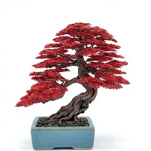 Artificial Wire Bonsai <b>Tree</b> Red Leaves Metal Sculpture Decorative Plant in <b>Blue</b> Pot - Product Image 2