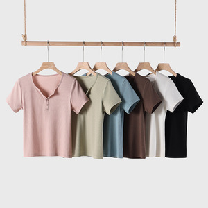 Women's Short Sleeve T-<b>Shirt</b> Slim Fit Solid Color <b>Half</b> Open Collar <b>Button</b> Front Spring Summer Top - Product Image 1