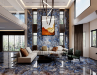 Dalle de pierre frittée en saphir bleu veiné continu, aspect marbre, anti-acide et anti-alcali, pour décoration murale moderne de chambre et extérieur