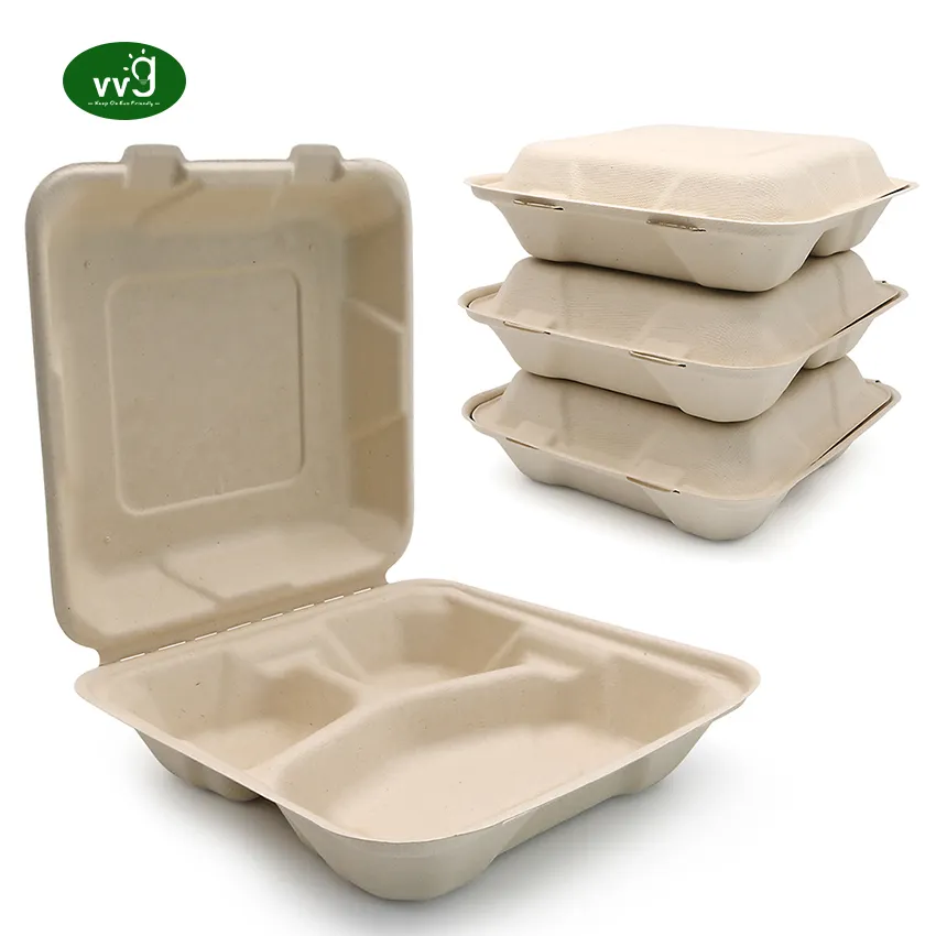 VVG não adicionado ppas bagaço clamshell caixa 8/9 polegada microwavable 3 compartimento descartável cana quadrado food container