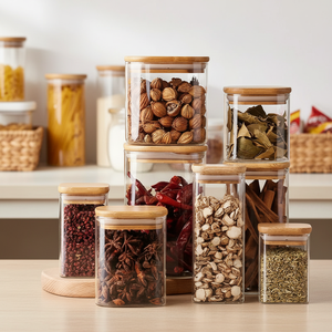 YOLOWE casa moderna contenitori per alimenti <span class=keywords><strong>in</strong></span> <span class=keywords><strong>vetro</strong></span> di bambù coperchio di conservazione di freschezza per la dispensa Snack cottura-uso per feste <span class=keywords><strong>in</strong></span> cucina - Product Image 1