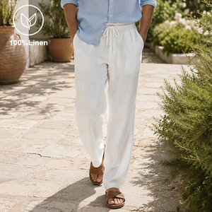 <span class=keywords><strong>Pantaloni</strong></span> da Uomo in <span class=keywords><strong>Lino</strong></span> 100% Design Europeo Vestibilità Ampia Vita Elastica Peso Medio Fronte Piatto Eco-Friendly Stile Urbano Servizio OEM - Product Image 1