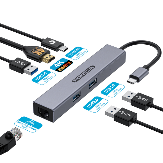 High Quality 6 1 USB-C Type-C PD 100W Aluminum Alloy Hub RJ45 1000M USB 3.0 Multiport Adapter Type-C Docking Station for Laptop