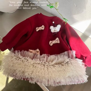 Christmas Kids Dress Red Fleece One Piece With Bear Applique And Bowknot For Girls 1 Year Old - Product Image 3