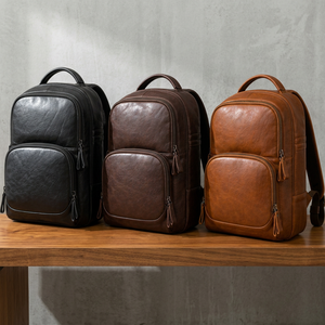 Sac à dos élégant pour ordinateur portable en cuir véritable marron, résistant à l'eau, bretelles réglables, dos en maille, fermeture éclair, unisexe - Product Image 1