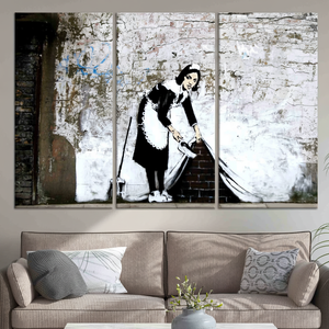 Banksy Graffiti Woman Printed <b>Canvas</b> Art: Modern <b>Wall</b> Decor,SET OF 3 <b>CANVAS</b> - Product Image 3