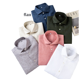 Chemise décontractée d'été pour homme 100% Lin Popeline à col mandarin perlé - Lavable en machine, respirante, manches longues, sans repassage, coupe simple - Product Image 1